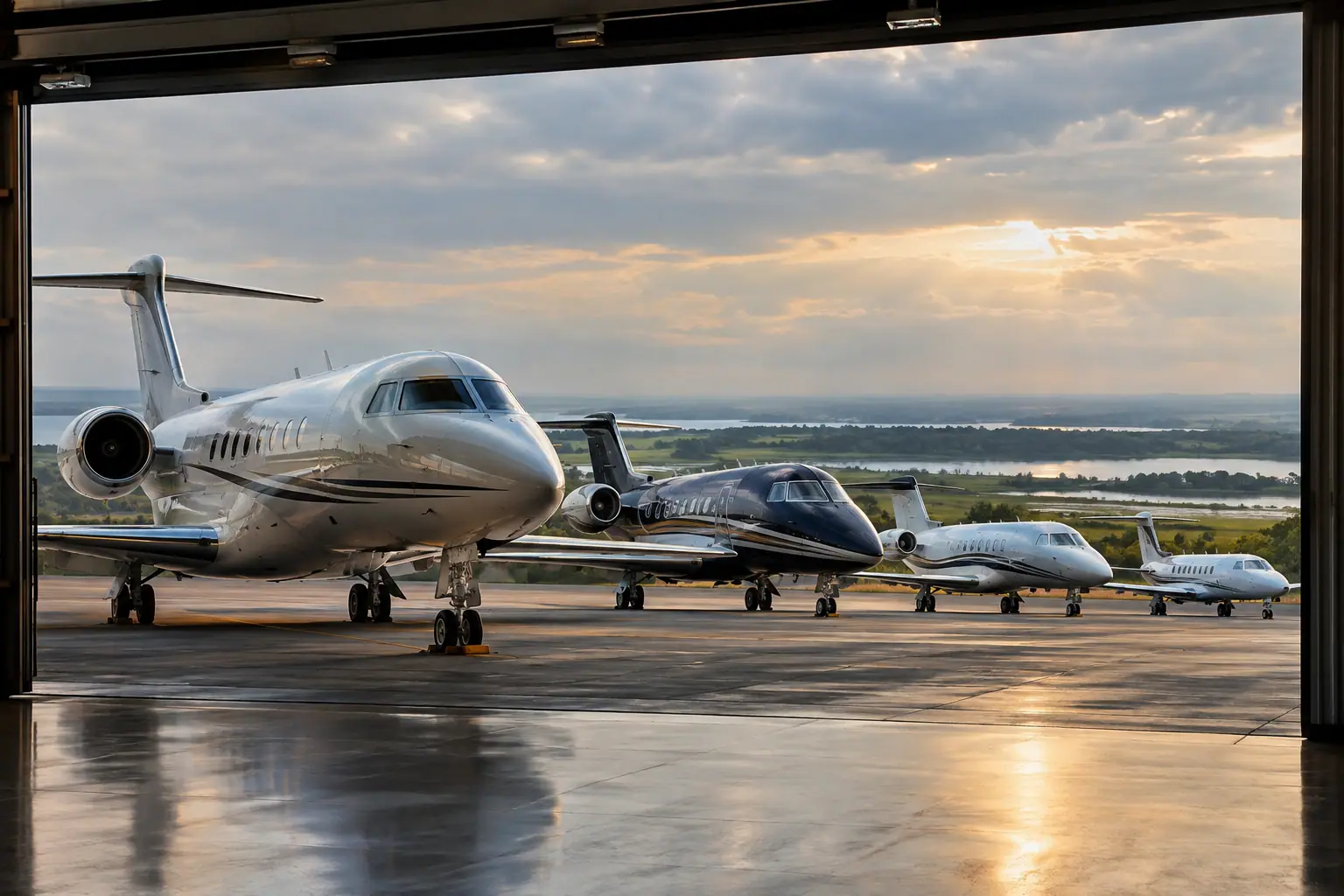 Business jets of different sizes on a ramp