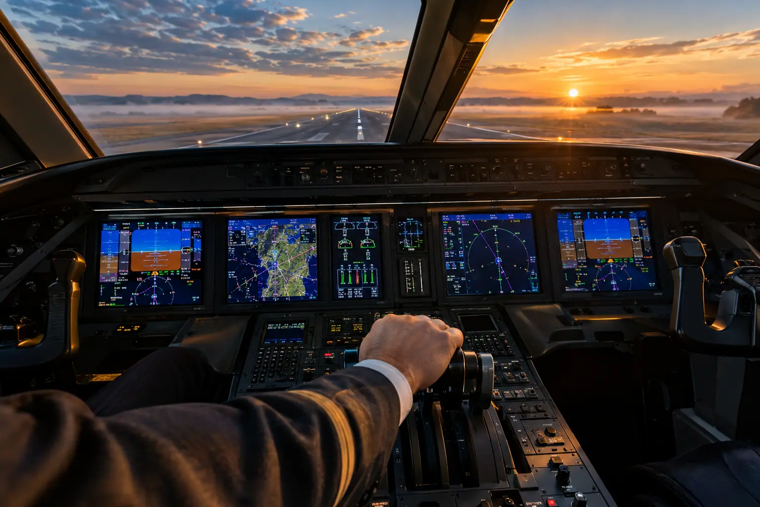 Business jet cockpit before departure